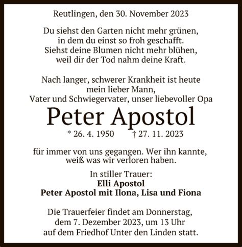 Traueranzeigen Von Peter Apostol Trauer Gea De