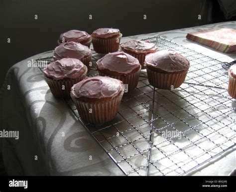A Small Cluster Of Strawberry Iced Cupcakes On A Cooling Tray Stock