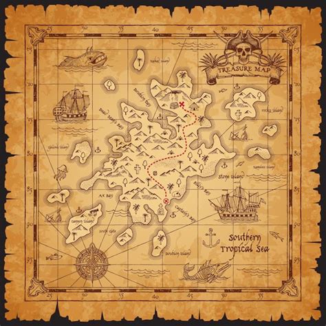 Antiguo Mapa Del Tesoro Pirata Antiguo Isla Caribe A Vector Premium