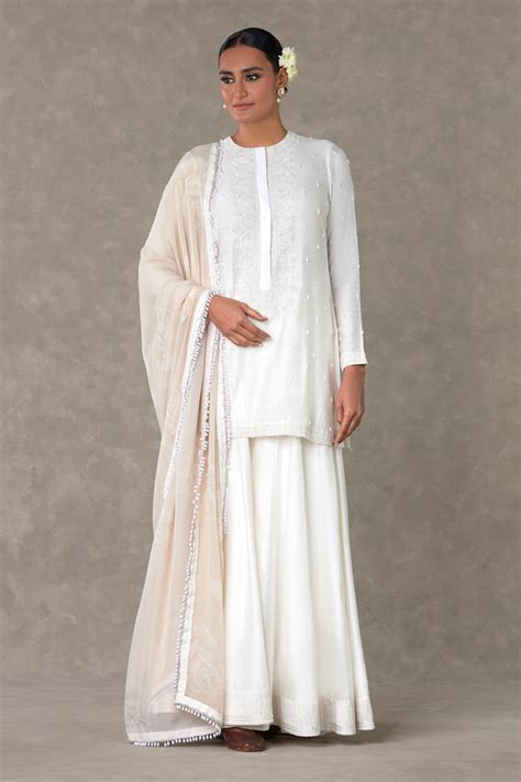 Buy Ivory Kurta And Sharara Chanderi Embroidery Resham Round Short Set