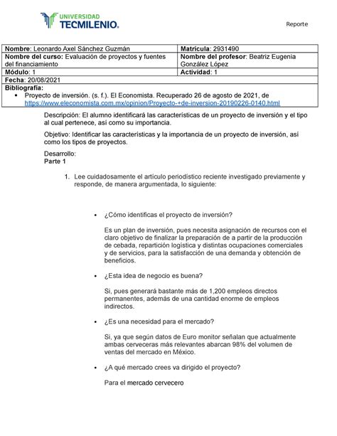 Act Evaluaci N De Proyectos Y Fuentes Del Financiamiento Tecmilenio