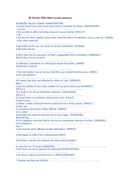 ĐỀ Thi Hsg TiẾng Anh 9 Rewrite Sentences Pdf