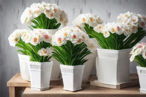 Premium Photo White Flowers In White Pots With The Words Quot Esp