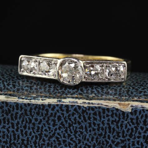 Antique Art Deco 14k Yellow Gold Old Mine Diamond Wedding Band Ring For