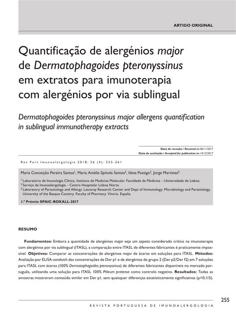 Pdf Dermatophagoides Pteronyssinus Major Allergens Quantification In