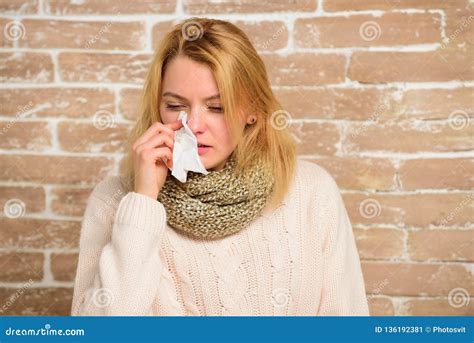 Girl In Scarf Hold Tissue Or Napkin Suffer Headache Runny Nose Symptom Of Cold Tips How Get