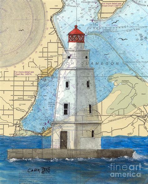 Ashland Breakwater Lighthouse Wi Cathy Peek Nautical Chart Map Art