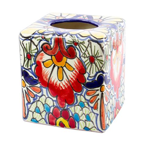 UNICEF Market Talavera Style Ceramic Tissue Box Cover Talavera Flowers