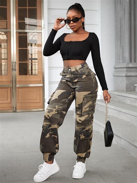 Shein Sxy Camo Print Flap Pocket Side Cargo Jeans Army Clothes Jeans