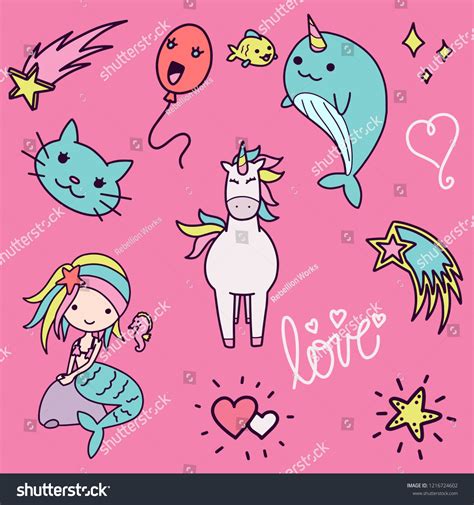 Set Colorful Girly Doodle Handdrawn Cute Stock Vector Royalty Free