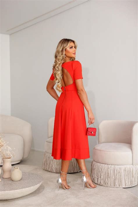 Vestido Midi De Crepe Vermelho Love Me JJ Modas