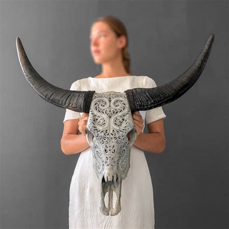 Skull Art Cr Ne De Buffle Gris Sculpt La Main Motif Catawiki