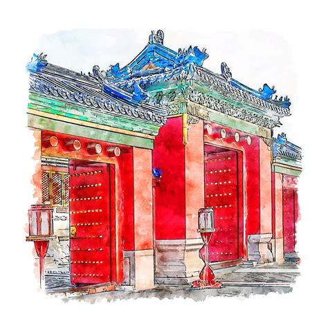 Castle Beijing China Watercolor Sketch Hand Drawn Illustration 9879083