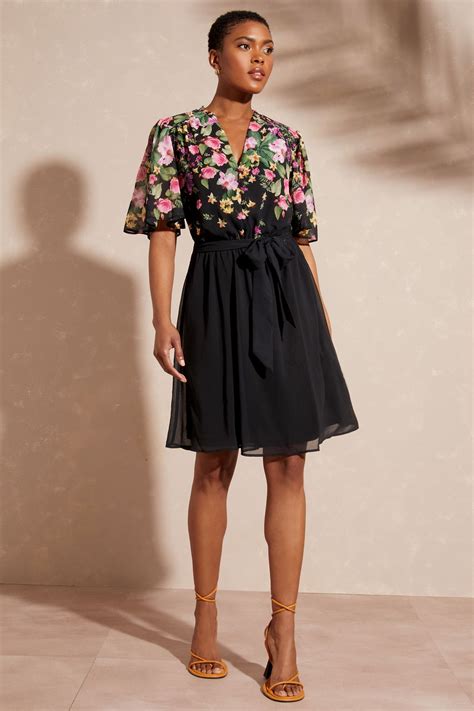 Buy Love And Roses Black Floral Frill Neck Printed Belted Mini Dresss