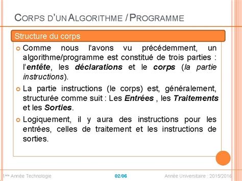 Le Corps Dun Algorithme Programme La Partie Instruction