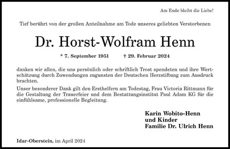 Traueranzeigen Von Horst Wolfram Henn Rz Trauer De