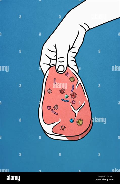 Hand holding raw meat covered in bacteria Stock Photo - Alamy