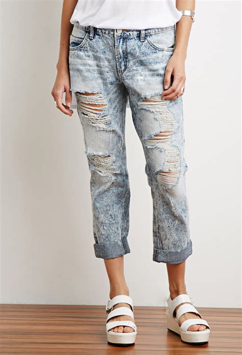 Lyst Forever 21 Distressed Acid Wash Boyfriend Jeans In Blue