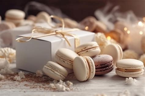 Premium AI Image White Macarons In A Box Gift Macarons Generative AI