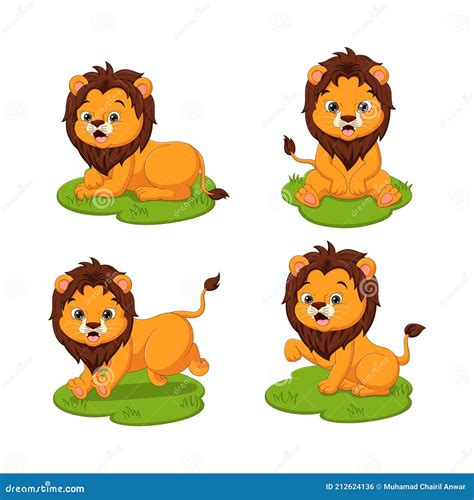 Ensemble De Mignons B B S Lions Dessin Anim Dans L Herbe Illustration