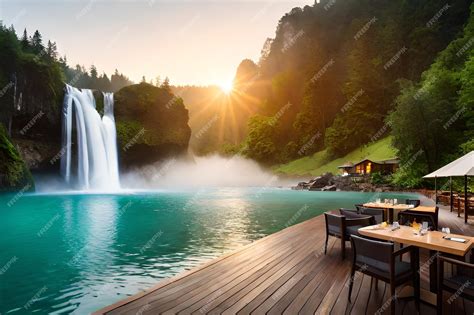 Premium Photo A Table And Chairs By A Waterfall In Front Of A