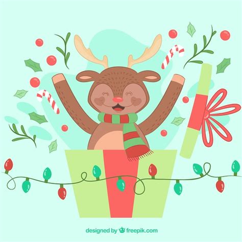 Fondo De Navidad Dibujado A Mano Con Un Reno Feliz Vector Gratis