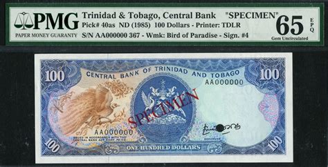 167 Central Bank Of Trinidad And Tobago Specimen 100 Dollars Nd 19