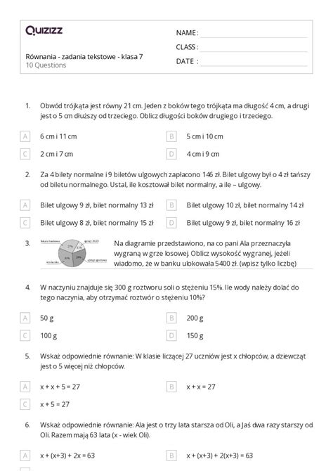 Ponad 50 Zadania Tekstowe Z Matematyki Arkuszy Roboczych Dla Klasa 7