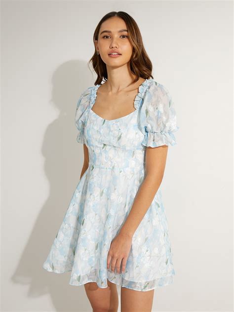 Floral Ruffled Sleeve Mini Dress Blue Pomelo Fashion