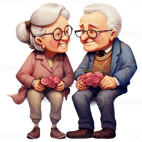 Chibi Elderly Old Couple Grandma Grandpa Holding Flower Rose In Hands