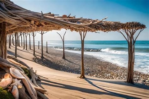 Premium Ai Image A Beach With A Wooden Canopy That Has A Beach That