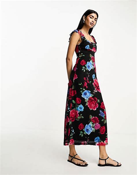 Asos Design Maxikleid Aus Netzstoff Mit U Ausschnitt Rüschenärmeln