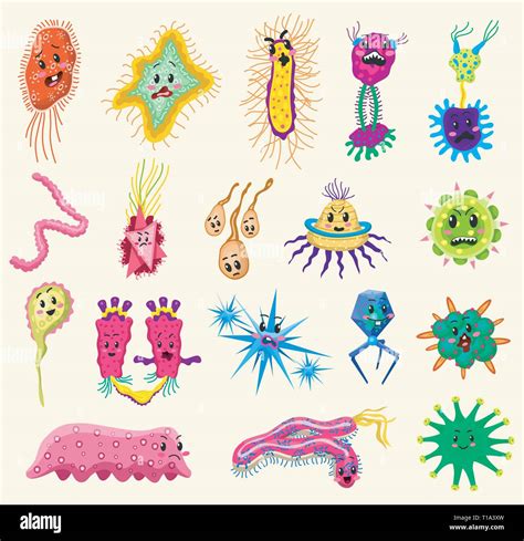 Set Of Bacteria Characters Cute Germ And Micro Microbe Funny Infection