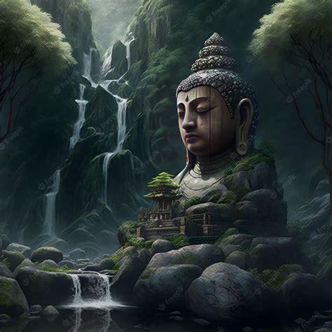 Premium Photo Buddha Statue Sitting Waterfall Generative Ai Buddhism