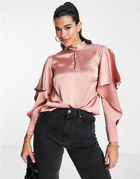 River Island Frill Sleeve Satin Blouse In Pink Asos