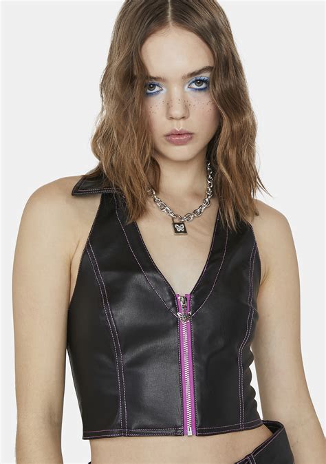 Delias Faux Leather Collared Halter Top Black Dolls Kill