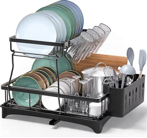 Liononly 2 Tier Dish Drainer Rack With Drip Tray Detachable Large Dish Drying Rack With Swivel