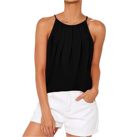 Vest Tops Women Womens Pleated Tank Tops Sexy Spaghetti Strap Camisole Tops Halter Neck Vacation