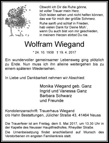 Alle Traueranzeigen für Wolfram Wiegand trauer rp online de