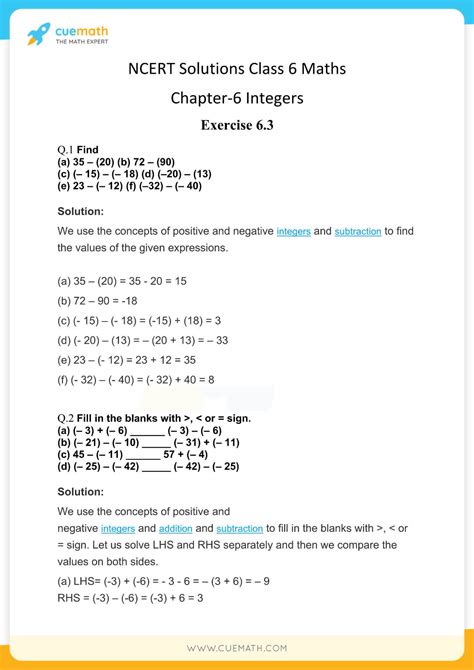 NCERT Solutions For Class 6 Maths Chapter 6 Exercise 6 3 Integers