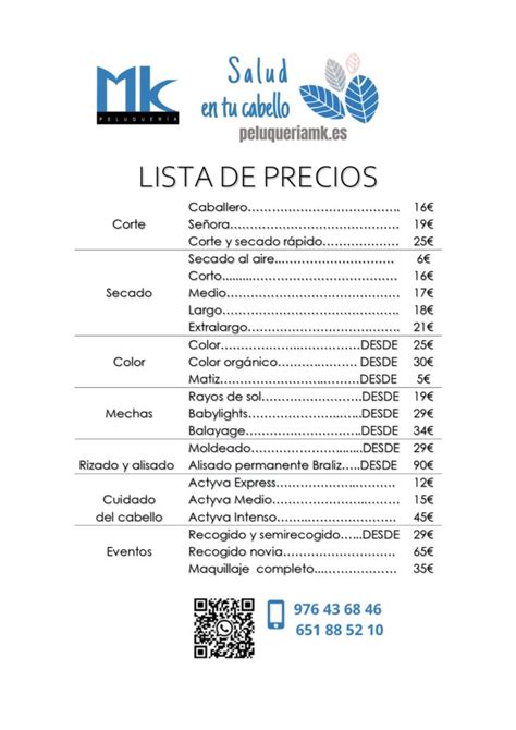 Lista de precios Mk Peluquería Zaragoza Peluquería MK