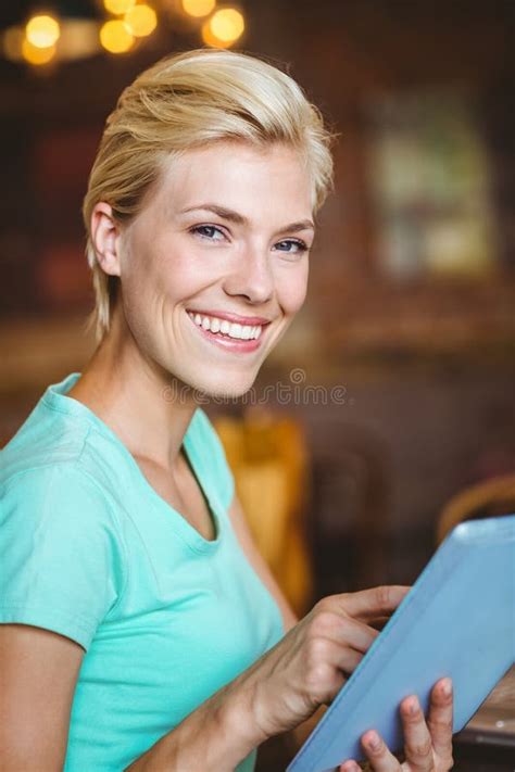 Pretty Blonde Using Tablet Computer Stock Image Image Of Customer