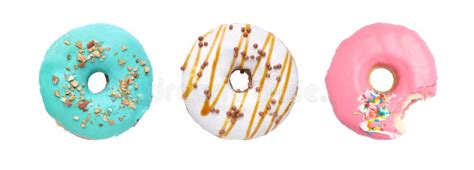 Whole And Bitten Tasty Donuts With Sprinkles Isolated On White Stock