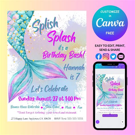 Mermaid Party Invitation Template Mermaid Canva Template Digital Printable Personalized