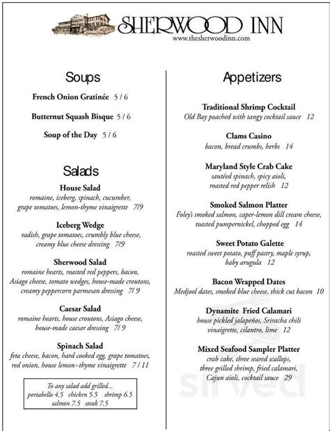 The Sherwood Inn menu in Skaneateles, New York, USA