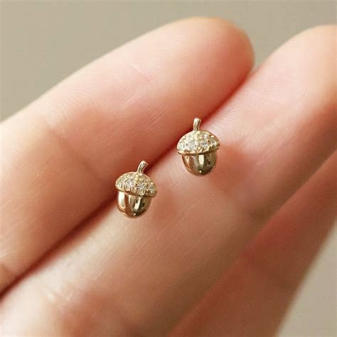 Solid Gold Acorn Stud Earrings 9k Yellow Gold Delicate Acorn Etsy