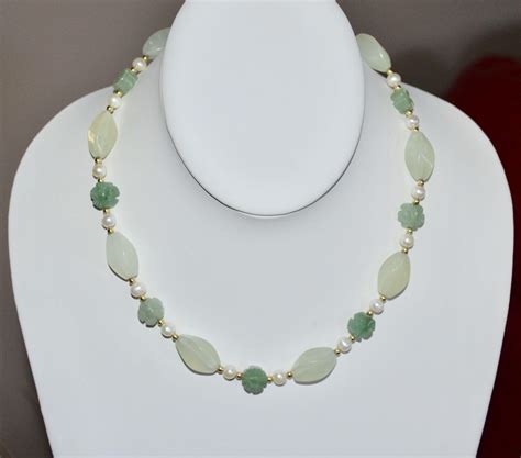 14k Gold Carved Green Jade Flower And White Cultured Pearl Necklace From