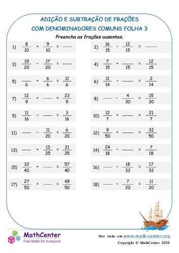 Adicionando Subtraindo Frações Denominadores Comuns Folha 3
