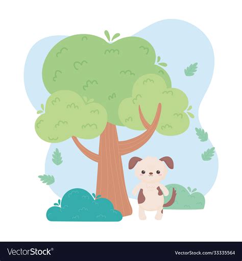 Cute dog tree grass cartoon animals in a natural Vector Image