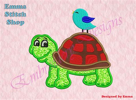 Turtle Applique Embroidery Designs Tortoise With Bird Etsy